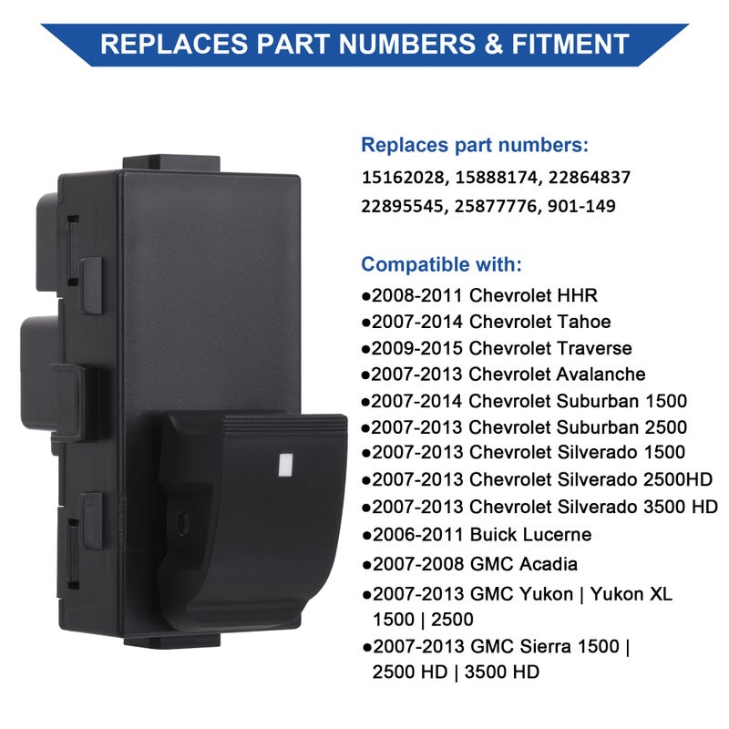 AiYiGu Passenger Window Switch 22895545, Compatible with 2008-2011 Chevrolet HHR, 2007-2013 Chevrolet Silverado 1500/2500 HD/3500 HD/Suburban/GMC Sierra/Yukon/Buick Lucerne, Replaces 25877776 - Image 2